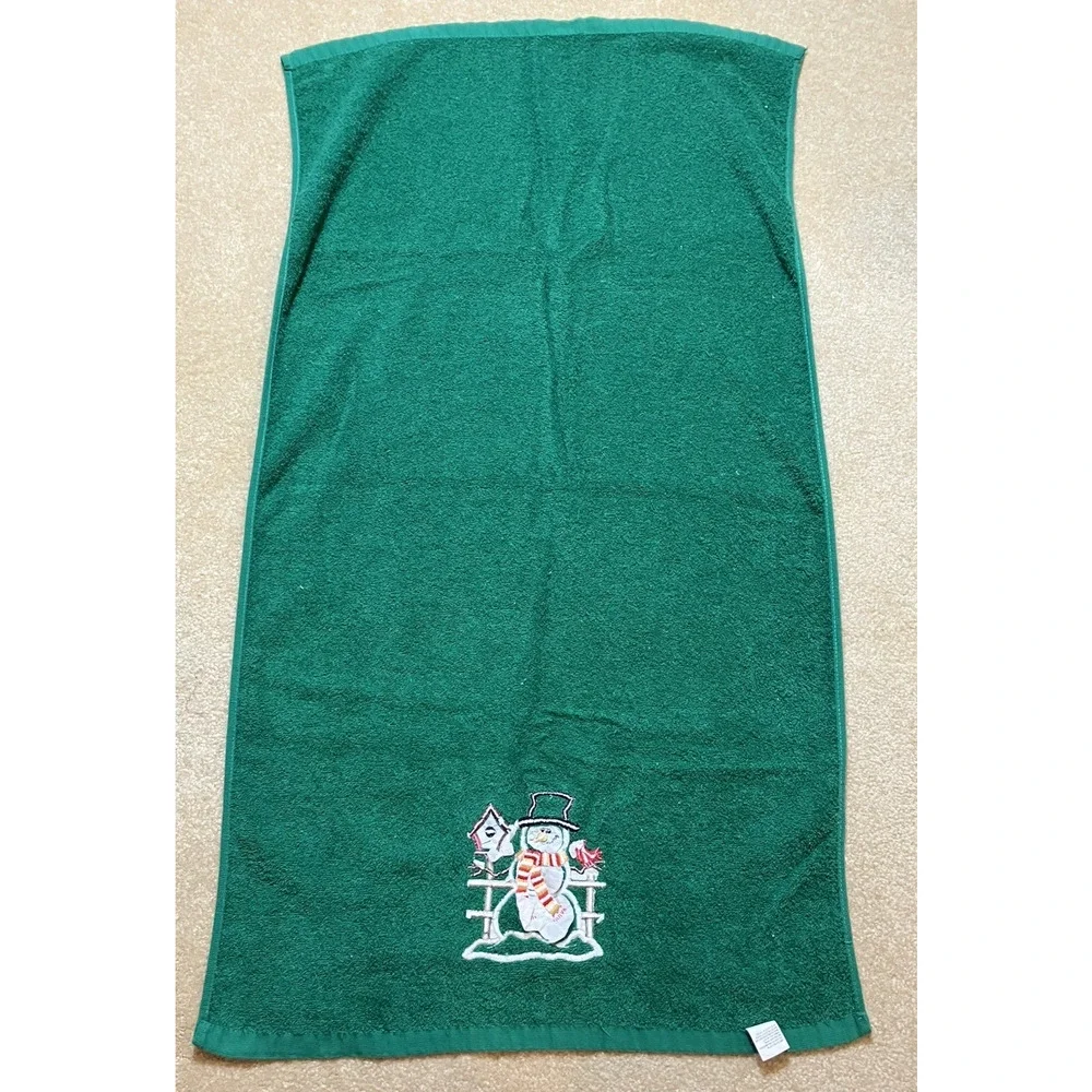 Vintage Cecil Saydah Bath and Hand Towel Set of 3 Green Christmas Snowman